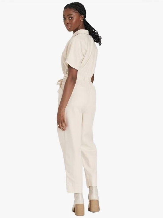 NWT Universal Thread Linen Jumpsuit Wide Leg Cargo Pockets Belted Cream White 0 - Picture 3 of 9